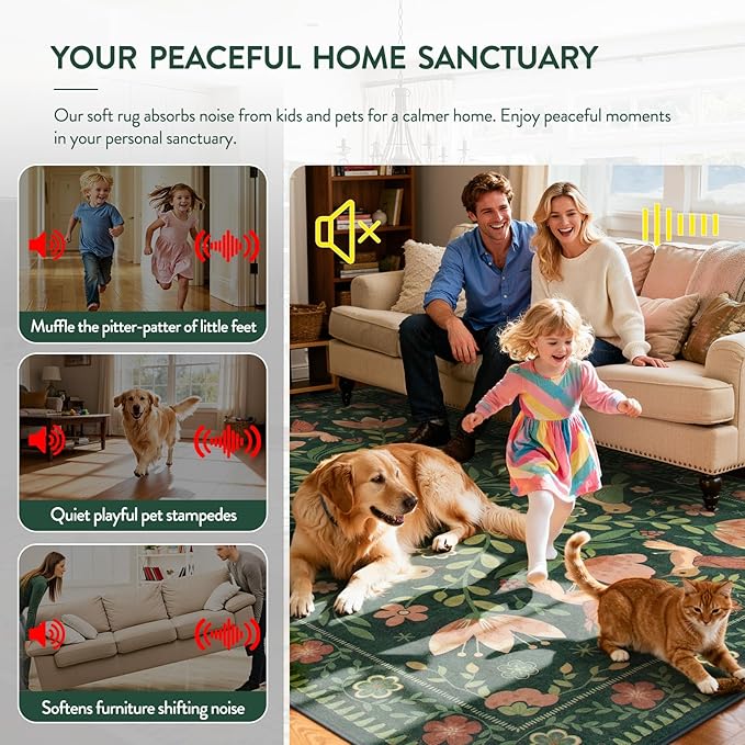 Moynesa Area Rugs 9x12 Green Vintage Home Decor, Modern Cottage Farmhouse Aesthetic Floral Bird Medallion Carpet for for Living Room Bedroom Dining Room,Non-Slip Washable Floor Protection