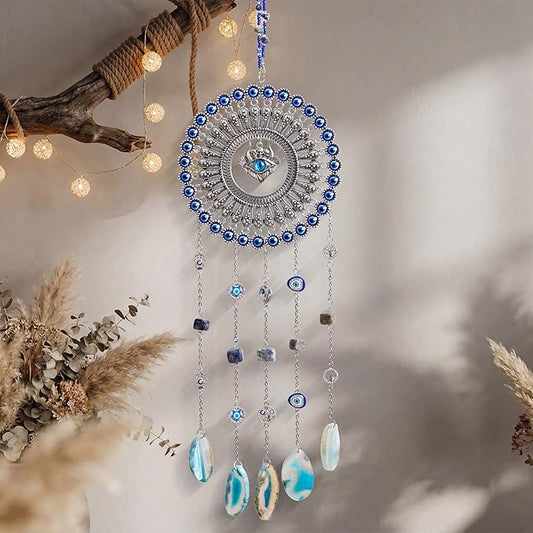 Evil Eye Dream Catcher, Handmade Blue Agate Stone Catcher with Crystals, Protective Bohemian Wall Hanging Decor for Bedroom, Window, Garden - Unique Housewarming Gift for Friends and Family