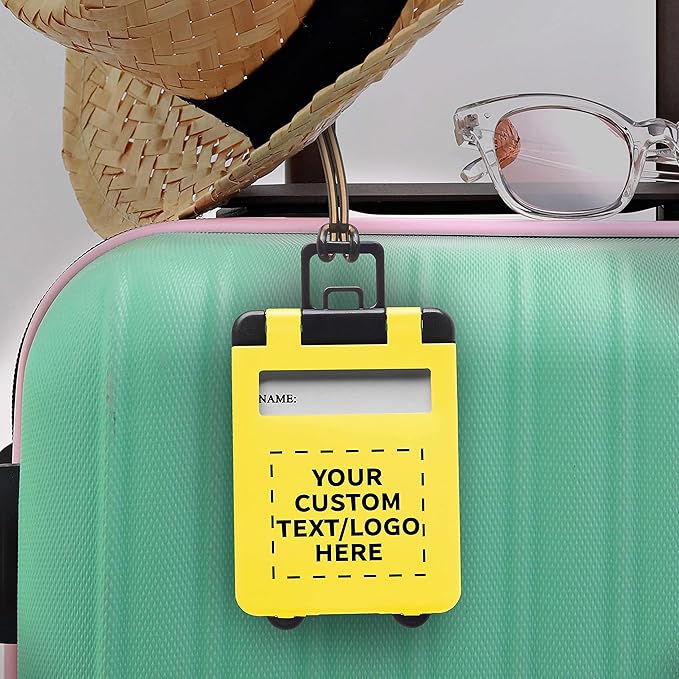10 Mini Carry-on Luggage Tags Pack - Customizable Text, Logo - Flip Open Cover, ID Sticker - Yellow