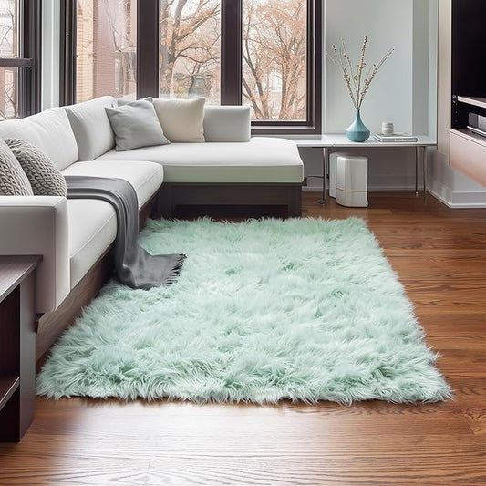 5 x 7 ft Fluffy Mint Green Rug – Faux Fur Area Rug for Bedroom, Living Room, or Office – Luxurious Faux Sheepskin Home Decor