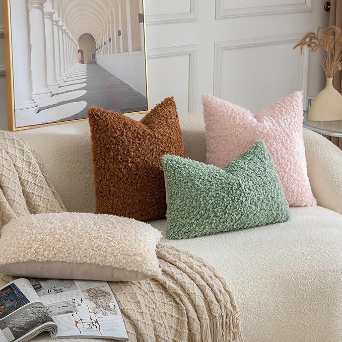 Yaertun Pack of 2 Faux Fur Throw Pillow Covers Decorative Sherpa Boucle Pillow Covers Fuzzy Soft Pillowcases Sheepskin Fleece Cushion Case for Couch Sofa Bed Living Room 22x22 Inch Sage Green