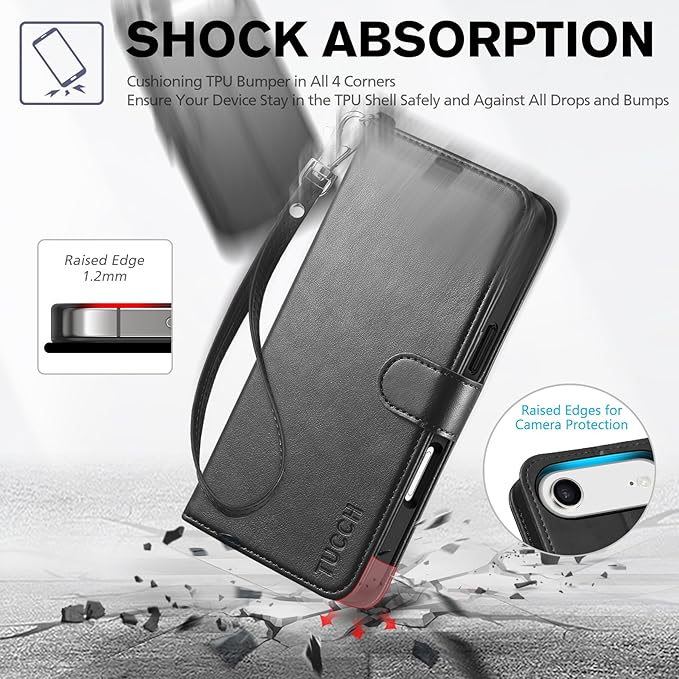 TUCCH Wallet Case for iPhone Air (6.5") 2025, Wrist Strap RFID Blocking 4 Card Slots, Kickstand, Shockproof TPU Shell, PU Leather, Magnetic Closure, Protective Flip Folio Cover, Black