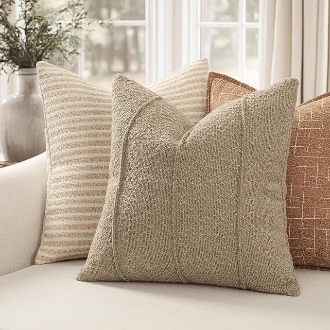 YCOLL Textured Boucle Throw Pillow Covers 24x24 Pack of 2 - Soft Neutral Striped Cushion Covers, Cozy Accent Decorative Pillow Covers for Couch, Sofa, Bed, Living Room (Taupe)