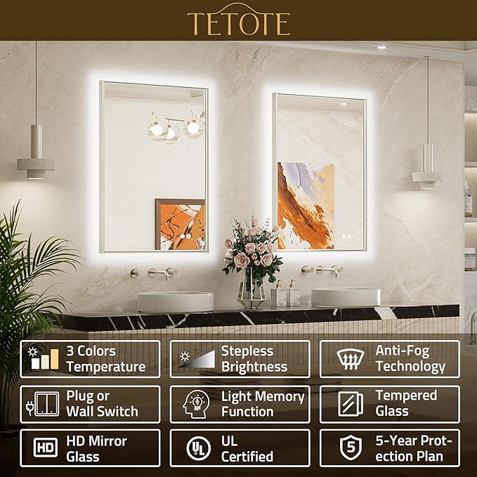 TETOTE 72 x 36 Backlit Bathroom Mirror Brushed Nickel Metal Frame LED Light Vanity 3-Color White/Warm/Natural Stepless Dimmable Anti-Fog Backlight Mirror Wall-Mounted