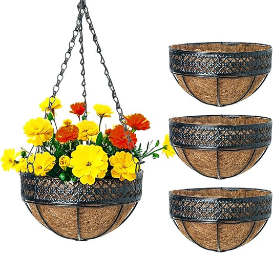 3-Pack Hanging & Wall-Mounted Plant Baskets with Natural Coconut Fiber Liner, Decorative Planters for Home Garden Patio Yard (3Pack EXPHanger, 8Inch)
