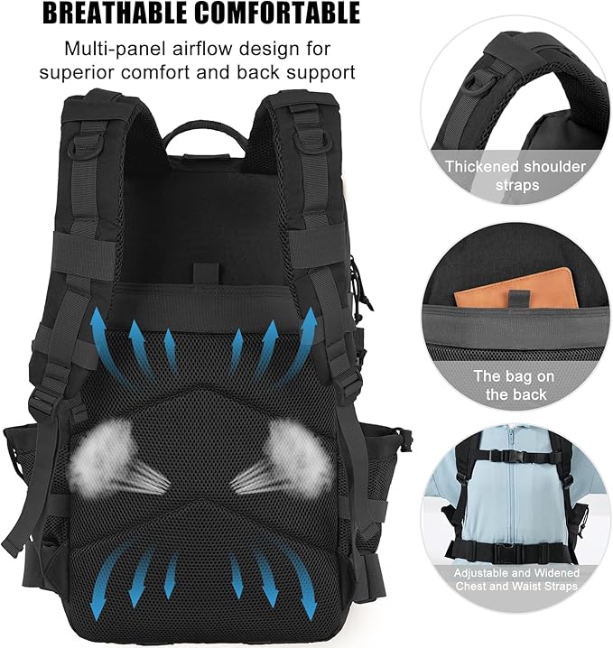 50L Military Tactical Backpack Large Day Backpack for Men Molle Army 3 Days Assault Pack Bug Out Bag Water Resistant and Heavy Duty Hiking Treeking Rucksack - Black