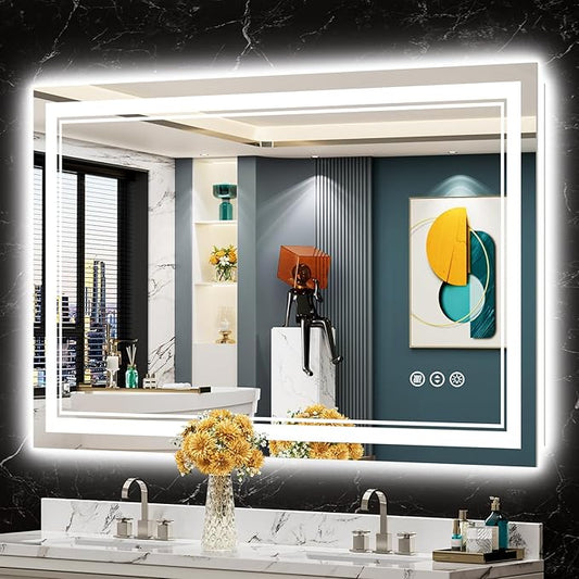 48x30 LED Bathroom Mirror with Lights, Backlit + Front Lit, Anti-Fog Lighted Vanity Mirror for Bathroom Wall with 3 Colors, Dimmable, Memory, Shatter-Proof Tempered Glass, Horizontal/Vertical