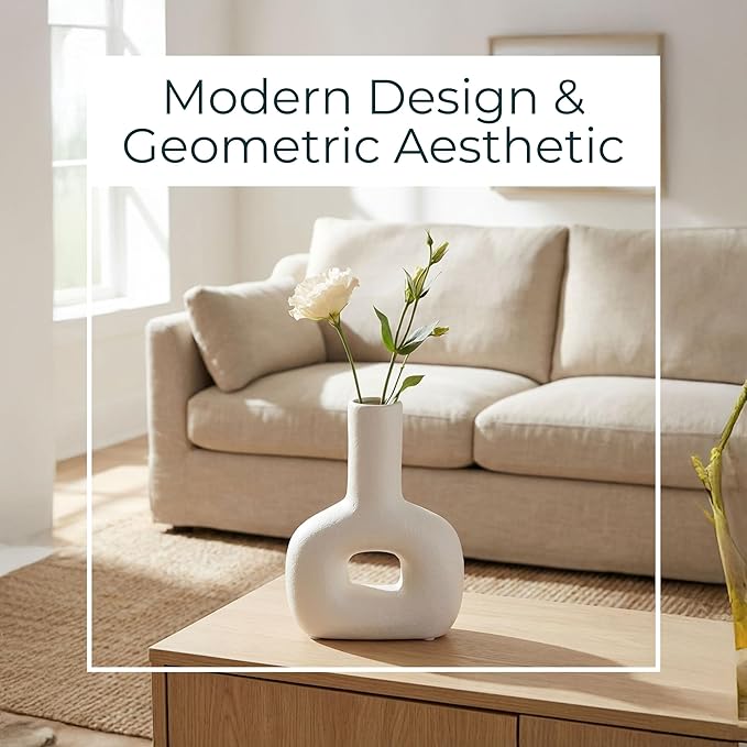 Decorative Flower Vase for Home Decor – Ceramic Modern Flower Vase With Open Cut Design, Stylish Table Centerpiece for Living Room or Entry Display, Modern for Faux Flowers and Greenery – 8", Ivory