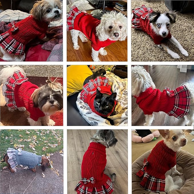 YUDODO Small Dog Sweater Dress with Bowtie Turtleneck - Knitted Pet Girl Dog Winter Clothes - Pet Warm Sweater for Puppy Yorkies, Chihuahua (XL Brown)