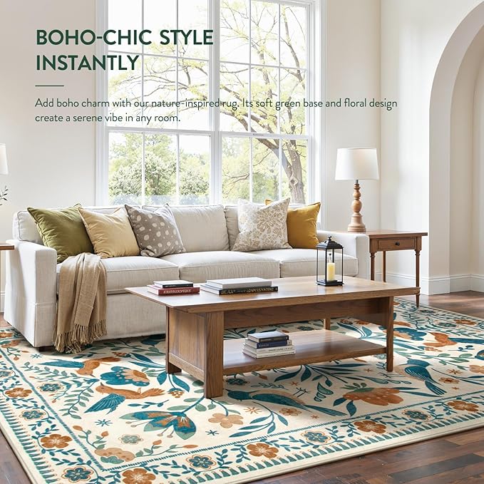 Moynesa Area Rugs 9x12 Retro Home Decor, Modern Bohemian Farmhouse Floral Bird Print Pattern Medallion Carpet for Large Living Room Bedroom Dining Room,Floor Protection Non-Slip Washable