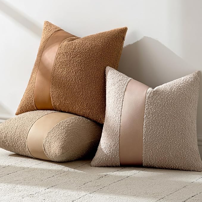 MIULEE Boucle Throw Pillow Covers 16x16 Inch Set of 2 Brown Faux Leather Textured Decorative Pillow Cases Boho Farmhouse Accents Cushion Covers for Couch Bed Livingroom Home Decor