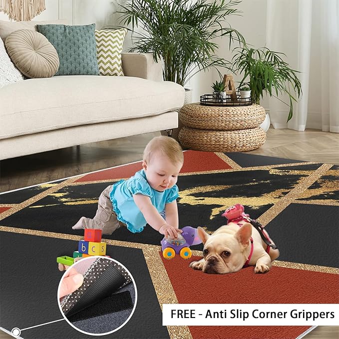 Black Gold Marble Area Rug Modern Abstract Marble Rug Polygonal Geometric Patchwork Carpet 3D Light Luxury Geometric Line Carpet for Living Room Playroom 4x5ft