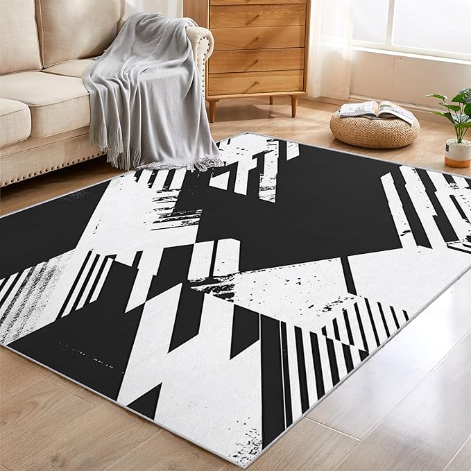 Black and White Rugs for Home Decor, 5x7 ft, Abstract Geometric Area Rugs for Living Room, Soft Non Slip Washable Modern Minimalist Carpet Bedroom Decorations Dt-Ghf-31