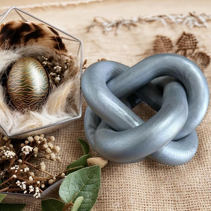 Wood Knot Chain Link Decor - 3 Link Boho Wooden Hand Carved Decorative Wooden Links Knots for Coffee Table Entryway Modern Farmhouse Shelf Decoration (Sliver)