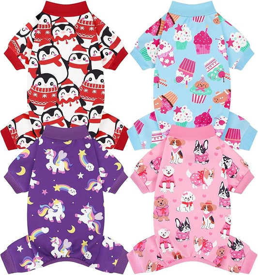 XPUDAC 4 Pack Dog Pajamas Cute Soft Dog Clothes for Small Medium Dogs Boy Girl Stretchy Pjs Jammies Outfit Puppy Onesies, Small