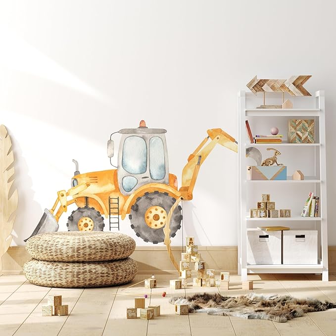 Construction Tractor Backhoe Loader Wall Decal for Boys Room, Construction Eqipment Peel Stick Removable Fabric Wall Sticker, Nursery or Playroom Decor, Repositionable (48 inch: 27" Tall x 48" Wide)
