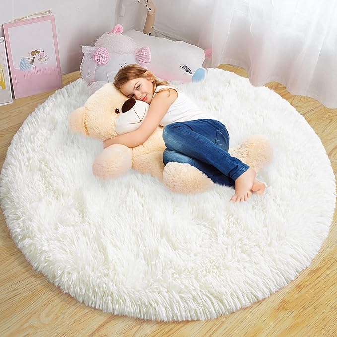 Round Fluffy Rugs 8Ft for Girls Bedroom, Cream White Shag Circle Kids Rug Non-Slip for Bedside Dorm Nursery Playroom, Soft Cute Area Rugs for Living Room Decor