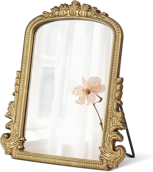 Vintage Vanity Mirror with Stand – 11.8"x9.6" Gold Tabletop Makeup Mirror, Arched Decorative Mirror with Carved Engineered Wood Frame for Bedroom, Dresser, Bathroom or Desk