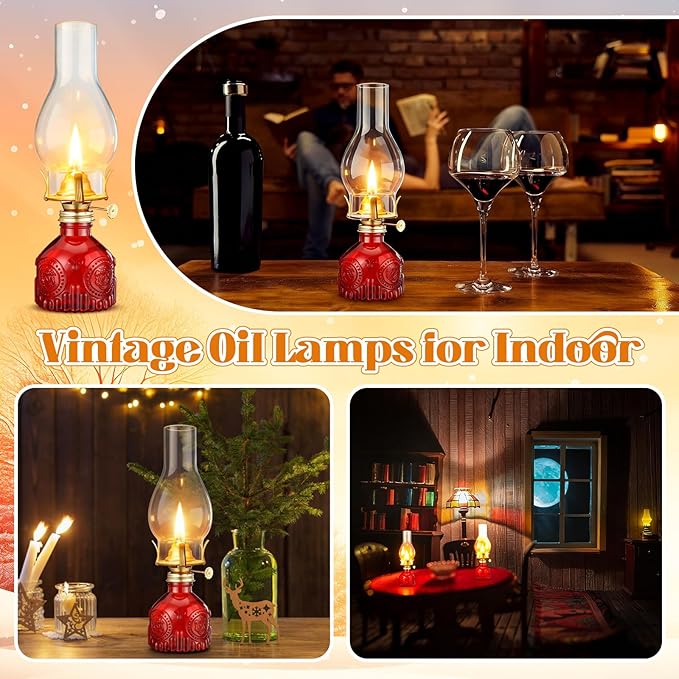 3 Pcs Red Chamber Oil Lamps for Indoor Use 10.6'' Vintage Kerosene Lamp Hurricane Oil Lantern Adjustable Fire Wick Decorative Lantern for Valentines Wedding Table Decor Emergency Lighting