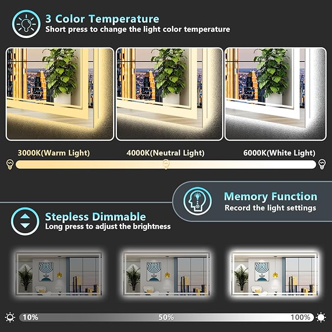 84x40 LED Bathroom Mirror with Lights, Backlit & Front Lit, Anti-Fog Frameless Lighted Vanity Mirrors for Bathroom Wall, Dimmable, 3-Color Light, Memory, Shatter-Proof, Tempered Glass, CRI＞90