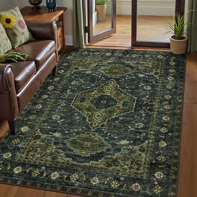 Tangsoo 3x5 Washable Rugs Oriental Area Rug, Vintage Non Slip Indoor Accent Rug, Print Distressed Olive Green Carpet, Soft Low Pile Rug for Living Room Dining Bedroom Bedside Entryway