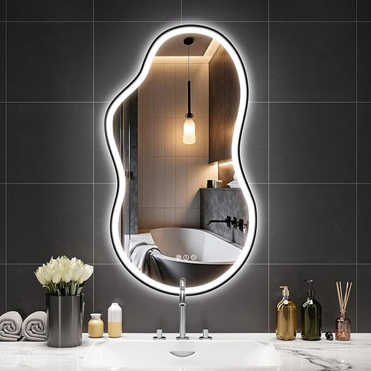 Hasipu Irregular Bathroom Mirror with Lights - 20"x35" LED Asymmetrical Wall Mirror, Abstract Modern Lighted Vanity Mirror for Wall, Anit-Fog, Dimmable, Memory, Vertical/Horizontal (Black
