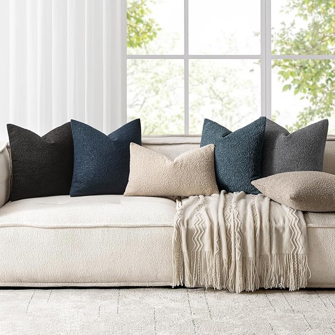 Woaboy Pack of 2 18x18 Inch Decorative Boucle Throw Pillow Covers Textured Square Pillowcaes Accent Solid Cozy Soft Cushion Covers Home Decor for Sofa Couch Living Room Home Decor,Navy Blue