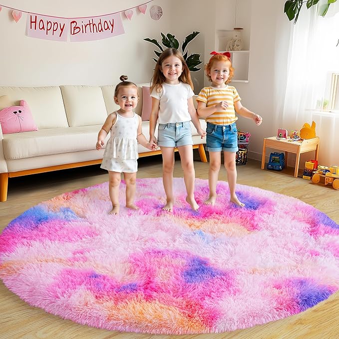 Round Fluffy Rugs 3Ft for Girls Bedroom, Dark Rainbow Shag Circle Kids Rug Non-Slip for Bedside Dorm Nursery Playroom, Soft Cute Area Rugs for Living Room Decor