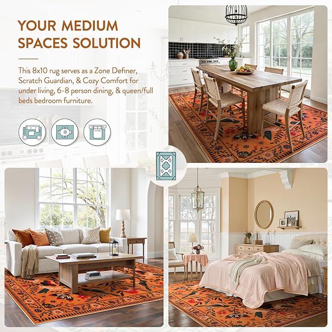 Moynesa Washable 8x10 Area Rugs for Living Room Bedroom Dining Room, Bohemian Scandinavian Modern Country Aesthetic Floral Bird Medallion Carpet, Fall Home Decor Open Floor Areas Protection Non-Slip
