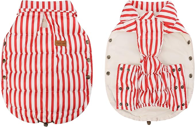 SPACE LION Dog Puffer Jacket, Down Winter Coat, Durable Outdoor Coat for Cold and Windy Conditions, Lightweight & Adjustable Fit Coats for Small & Medium Dogs, (RedStripe, Size 12 Gift Box)