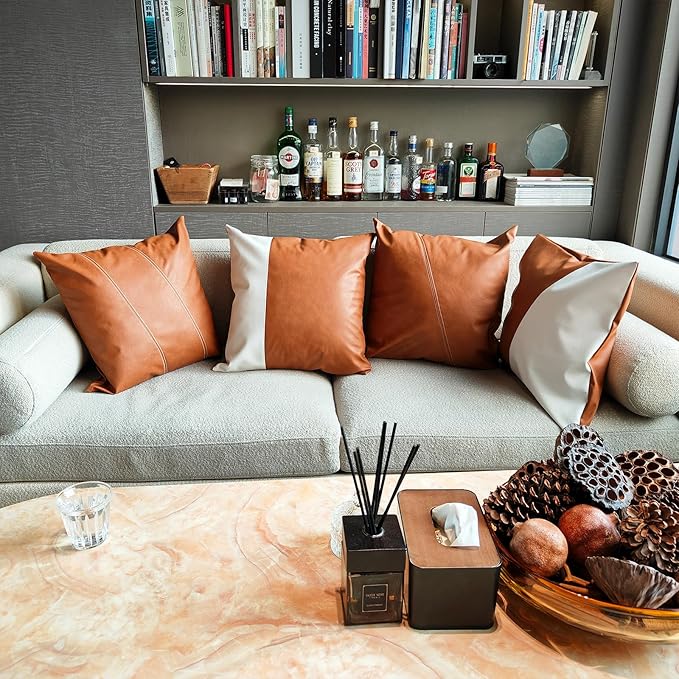 Faux Leather Throw Pillow Covers 20X20 Inch Barcelona Brown Outdoor Modern Farmhouse Solid Decorative Pillow Covers for Room Couch Living Bedroom Bed Sofa