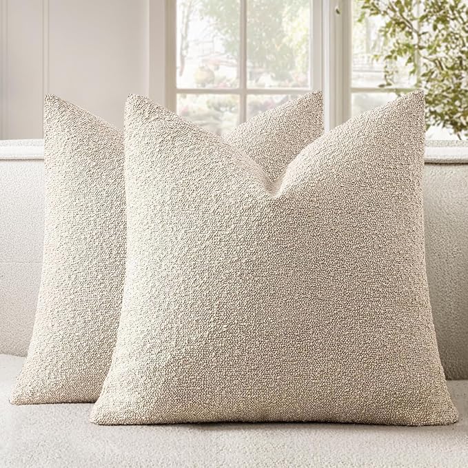 Woaboy Pack of 2 22x22 Inch Decorative Boucle Throw Pillow Covers Textured Square Pillowcaes Accent Euro Solid Cozy Soft Cushion Covers Home Decor for Sofa Couch Living Room Home Decor,Neutral