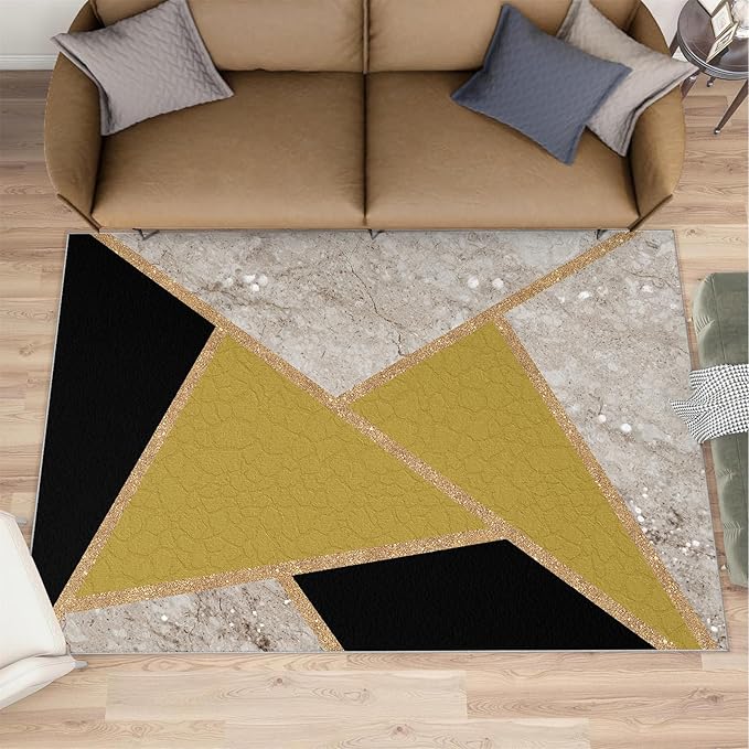 Geometric Marble Area Rugs for Living Room Black Gold Marble Rug Triangular Geometric Carpet Modern Minimalist Door Mat for Bedroom Hardwood Floors 4x6ft