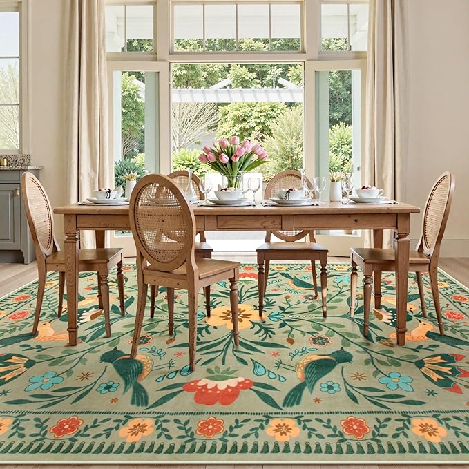 Moynesa Area Rugs 9x12 Green Aesthetic Home Decor, Modern Farmhouse Country Floral Bird Print Pattern Medallion Carpet for Living Room Bedroom Dining Room,Non-Slip Washable Floor Protection