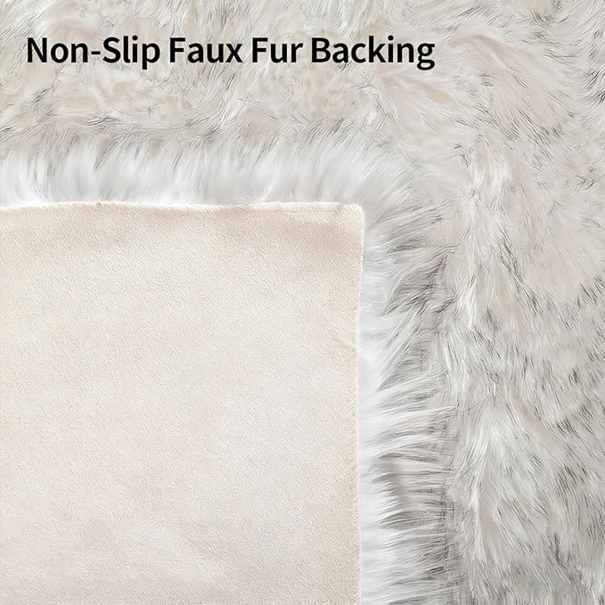 Samll Faux Fur Sheepskin Area Rug for Living Room Bedroom, White with Grey Tips, 2 x 3 Feet Ultra Soft Shaggy Fuzzy Furry Carpet Chair Throw Rugs for Kids, Girls, Nursery Room Decor Dorms