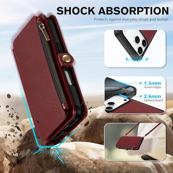 TUCCH Detachable Crossbody Case Wallet for iPhone 17 Pro Max 6.9", Wireless Charging | RFID Blocking 10 Card Holder | Lanyard Wrist Strap | Stand | Zipper Pocket | PU Leather Magnetic Cover | Dark Red