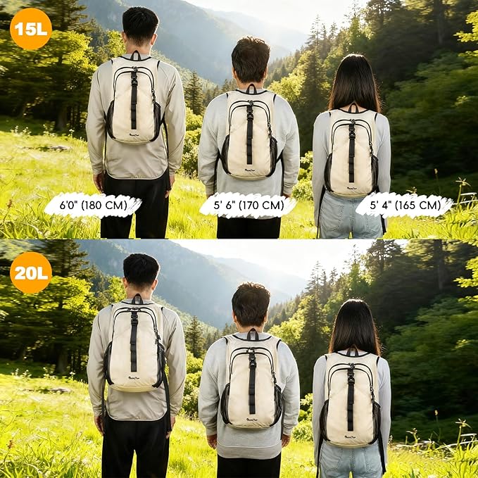 Seektop 15L Small Hiking Backpack for Women Men, Lightweight Hiking Packable Daypack with Phone Pocket for Travel Camping (Beige, 15L)