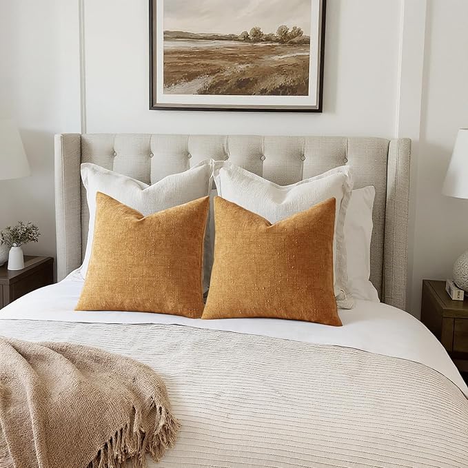 MIULEE Pack of 2 Decorative Throw Pillow Covers 24x24 Inch Soft Chenille Throw Pillows Solid Textured Euro Cushion Covers Home Decor for Bed Couch Sofa Bedroom Living Room,Golden Brown