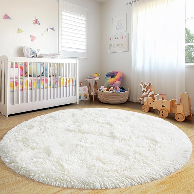 Round Fluffy Rugs 3Ft for Girls Bedroom, Cream White Shag Circle Kids Rug Non-Slip for Bedside Dorm Nursery Playroom, Soft Cute Area Rugs for Living Room Decor