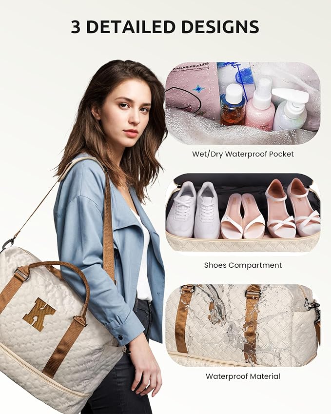 Vogewood Initial Duffle Travel Bag, Personalized Weekender Bag with Shoulder Strap, Monogram Overnight Bag for Women Wet Pocket, Letter Travel Bag with Makeup Bag Gifts for family (Letter Z), Beige