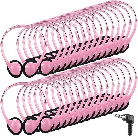Konohan 30 Pack Headphones Bulk Headphone for School Classroom Student Wired Headphones Adjustable with 3.5 mm Jack for Adults (Pink)