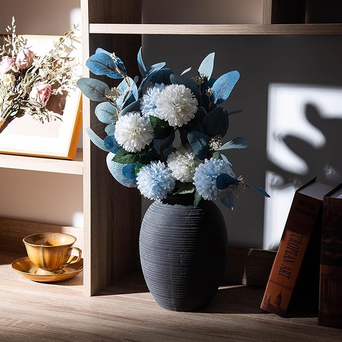 8 Inch Ceramic Black Vase -Rustic Flower Decorative Vases for Home Decor- Vintage Pottery VaseTerracotta Vase for Christmas, Farmhouse House Shelf Decor Farmhouse Table, Lyeec