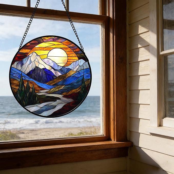 Stained Glass Window Hanging, Yellow Blue Sunset Mountains Scenery Sun Catcher for Window Home Decor Landscape Suncatcher Mother's Day Birthday Gifts for Women Men Mom and Nana 9.8 in