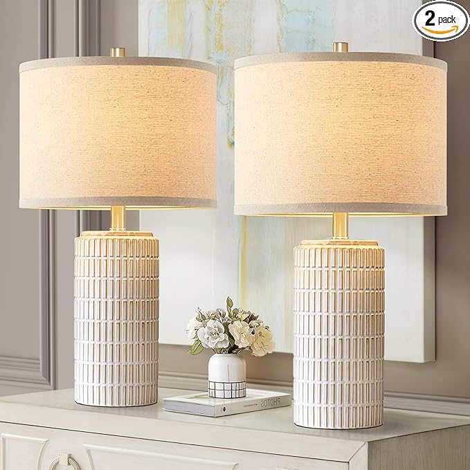23'' Set of 2 Modern Ceramic Table Lamps for Living Room Bedroom, Nightstand Farmhouse Beige White Desk Lamp for Bedside End Table Entryway, 2 LED Bulbs Included