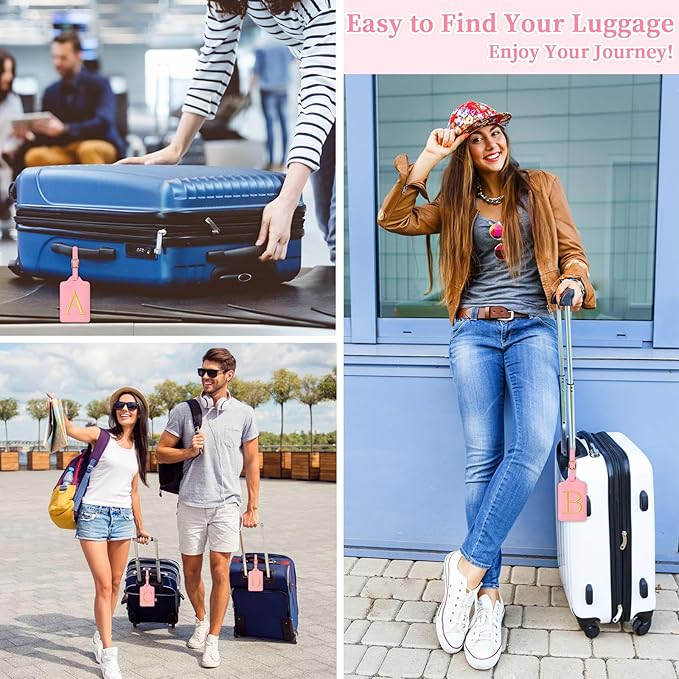 Personalized Initial Luggage Tags for Suitcase, Pink Leather Cute Luggage Tags with Privacy Cover Name Card, Embroidered Custom Monogrammed Luggage Tag Travel Bag Baggage Tags Gifts for Women Kids(D)