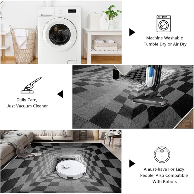 3D Rug 8x10, Plaid Soft Ultra Soft Faux Wool Low Pile Optical Illusion Rug, Indoor Floor Mats Abstract Geometric Carpet, Non-Slip Stain Resistant Washable Rugs, Modern Gray Rugs for Living Room