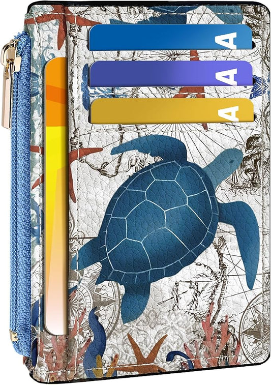 Tipmile Credit Card Holder for Women Slim Minimalist Front Pocket RFID Blocking Wallet Small Compact Card Case with ID Window, Sea Turtle