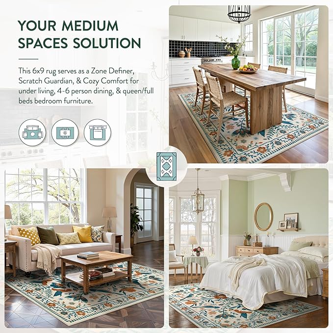 Moynesa Floral Bird 6x9 Area Rug for Living Room Bedroom Dining Room, Retro Home Decorations for Modern Bohemian Farmhouse Open Areas, Family Friendly Comfort Floor Protection Non-Slip Washable