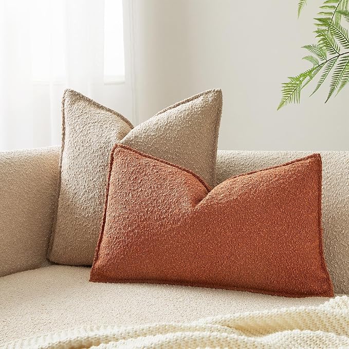 JUSPURBET Rust Decorative Pillow Covers 14x24 Set of 2 Throw Pillow Covers for Couch Sofa Bed Cozy Boucle Textured Lumbar Cushion Covers Cases with Hidden Zipper for Living Room Home Decor