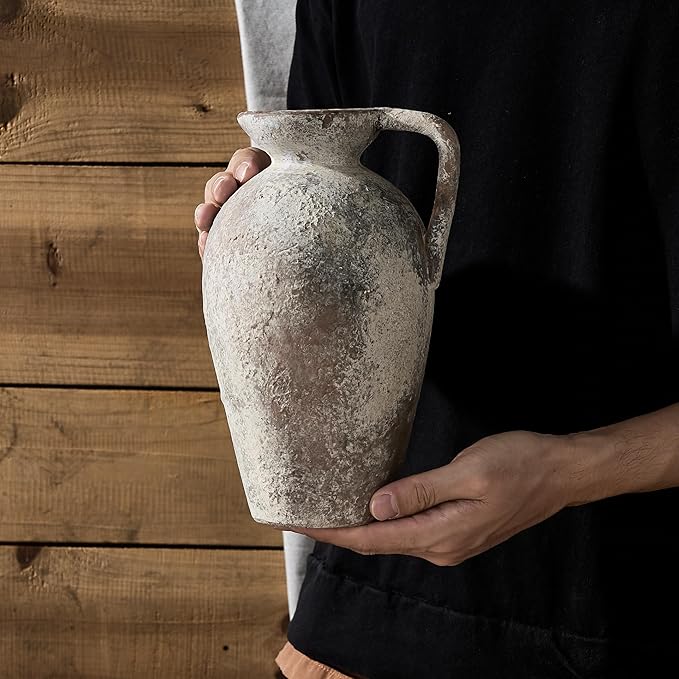 LUKA Ceramic Rustic Farmhouse Vase,9.25 inch Terracotta Vase with Handle,Neutral Tall Clay Vases Decorative Vases for Living Room,Table,Shelf Decor(Brown,L)